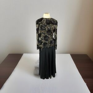 Vintage 1980s Morgan‎ Taylor Evening 100% Silk Black Gold Beaded Sequins Dress 4